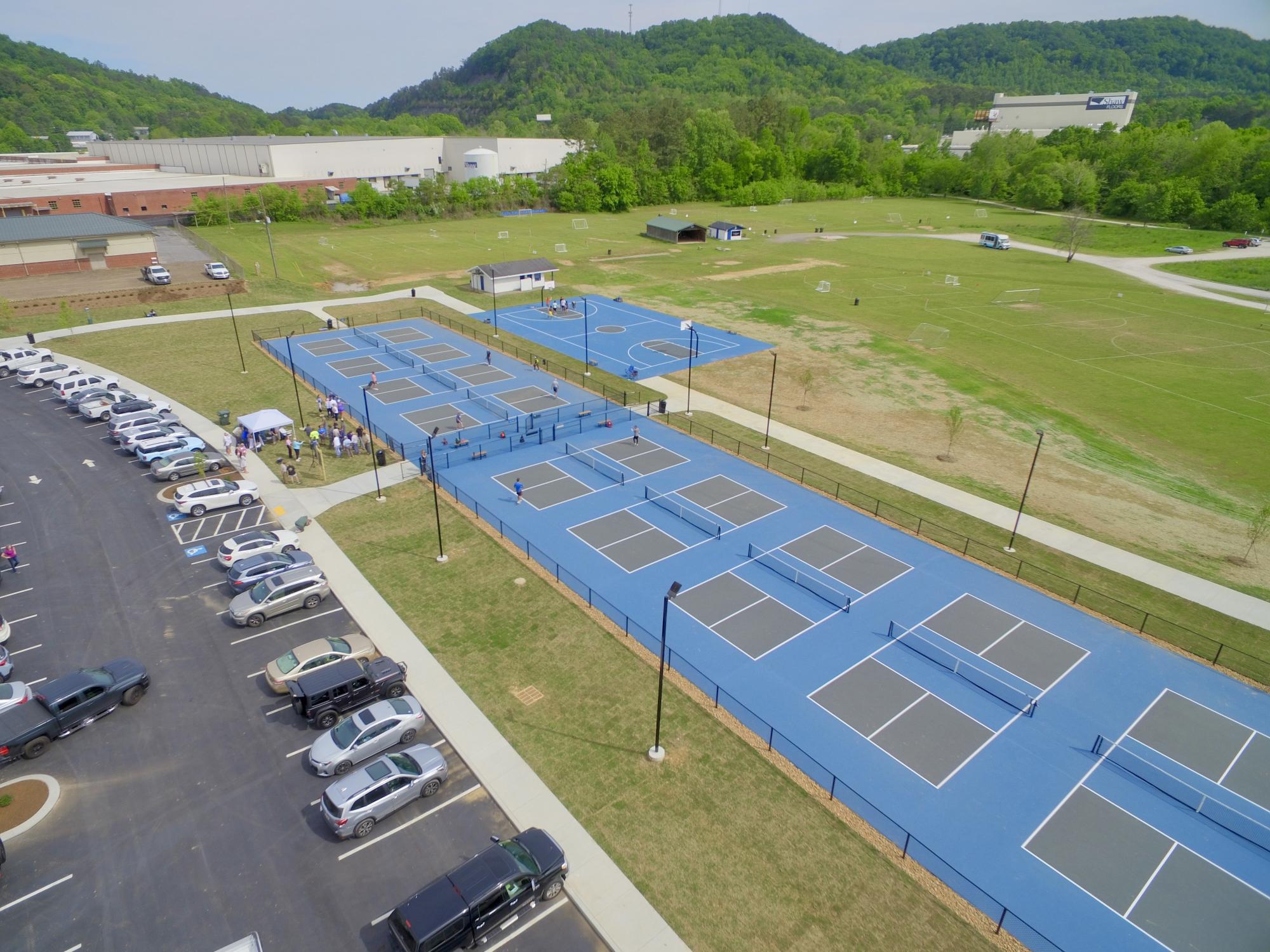 Drone shot of park and courts